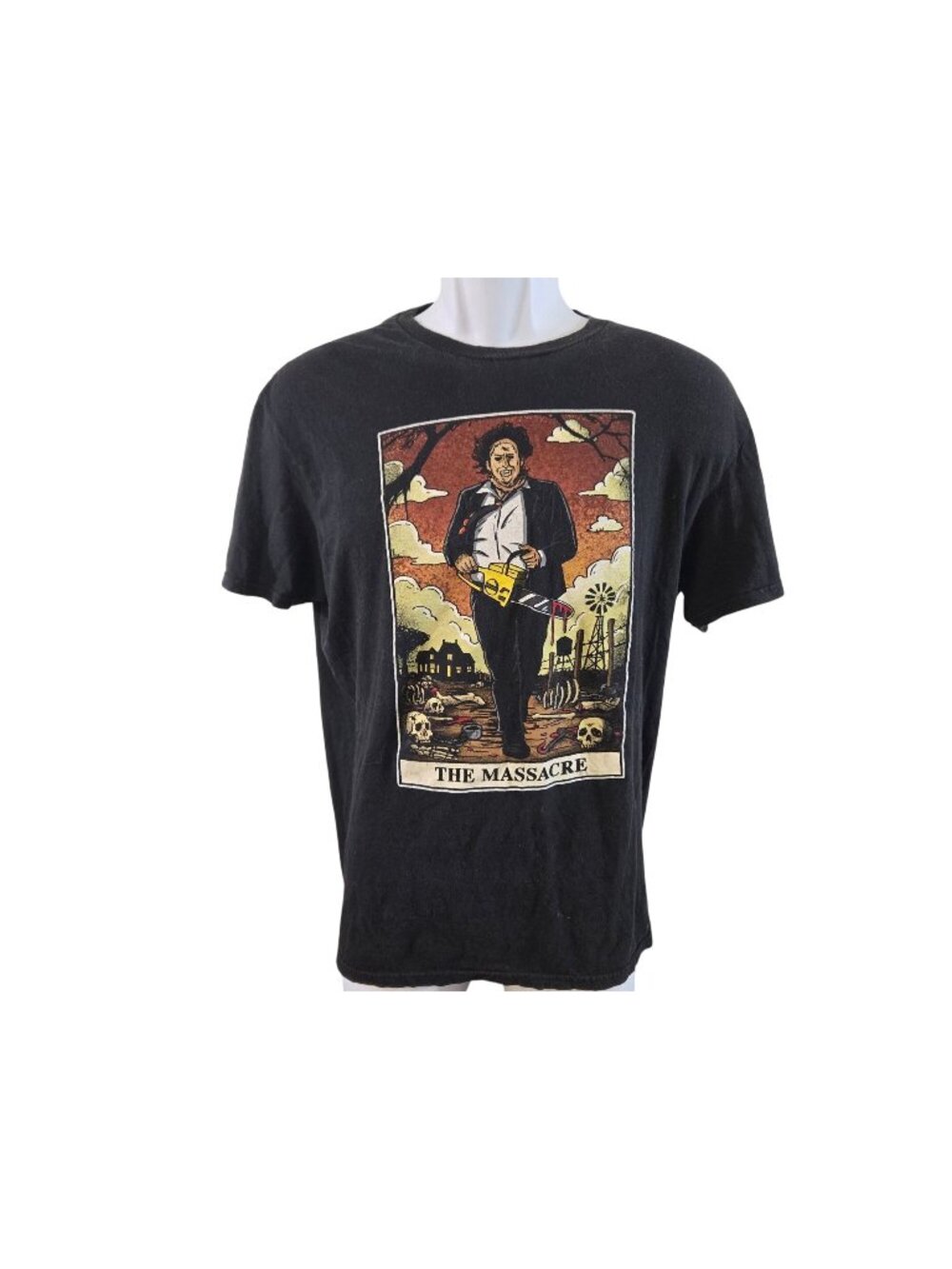 The Massacre Graphic Black T-Shirt With Leatherface Chainsaw Horror Scene Mens S